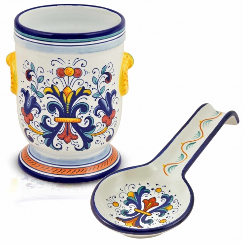 Portautensili H 18 cm. e Poggiamestolo decoro Ricco Deruta